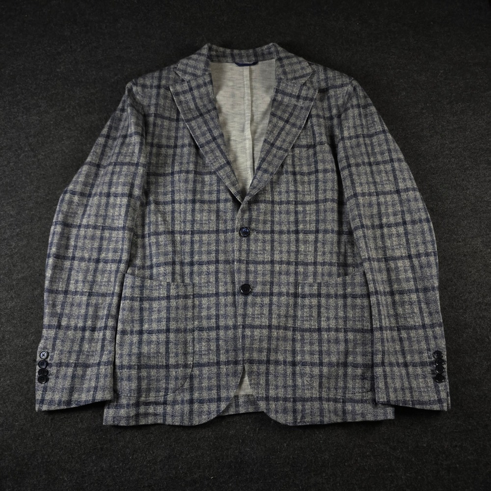Lubiam Blue Grey Plaid Blazer Unstructured Sport Coat Cotton Mens 50R (fits 38R)